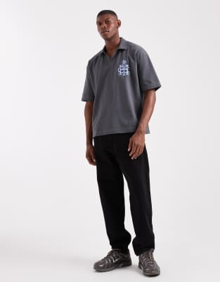 Asos Design Heavyweight Boxy Oversized Polo Shirt With Dropped Shoulders And Chest Logo Embroidery In Gray