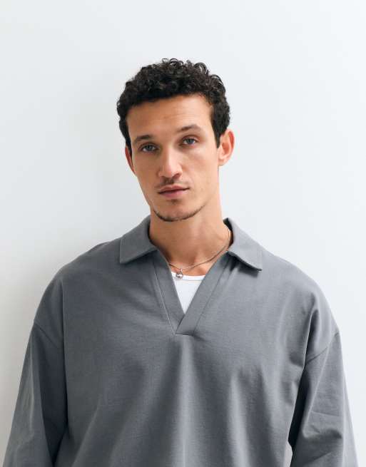 ASOS DESIGN heavyweight boxy oversized polo shirt with half sleeves in charcoal, 3 of 5