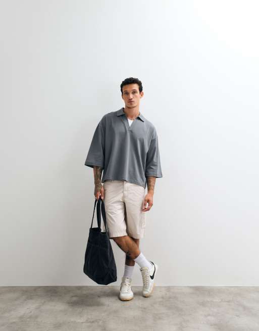 ASOS DESIGN heavyweight boxy oversized polo shirt with half sleeves in charcoal, 4 of 5