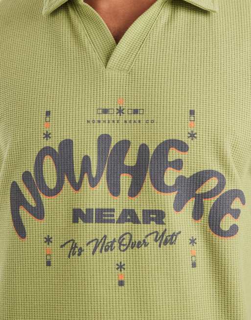ASOS DESIGN heavyweight boxy oversized polo shirt with text graphic in green texture , 5 of 5
