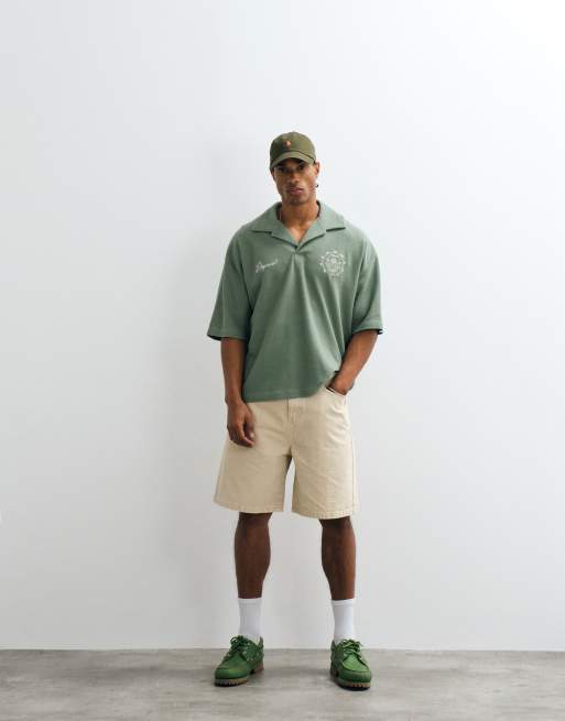ASOS DESIGN heavyweight boxy oversized polo with chest graphics in green waffle, 4 of 5