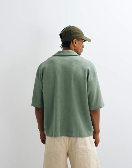ASOS DESIGN heavyweight boxy oversized polo with chest graphics in green waffle, 5 of 5