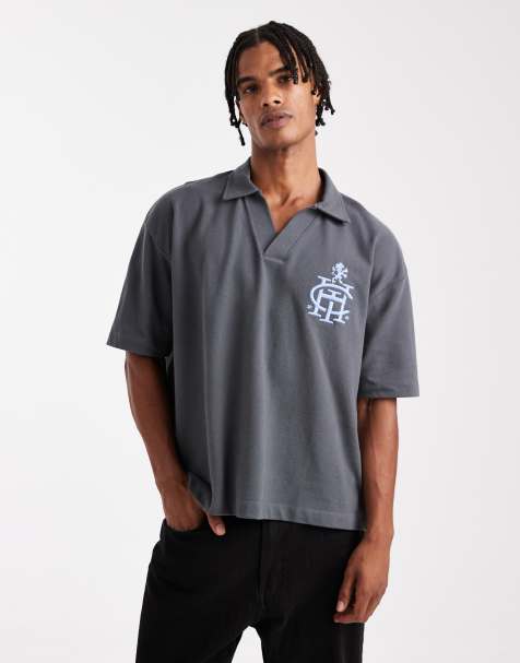 ASOS DESIGN heavyweight boxy oversized polo with dropped shoulder and chest logo embroidery in dark shadow - view 1