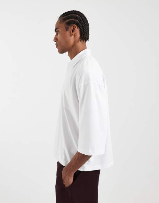 ASOS DESIGN heavyweight boxy oversized polo with half sleeve in white, 5 of 5