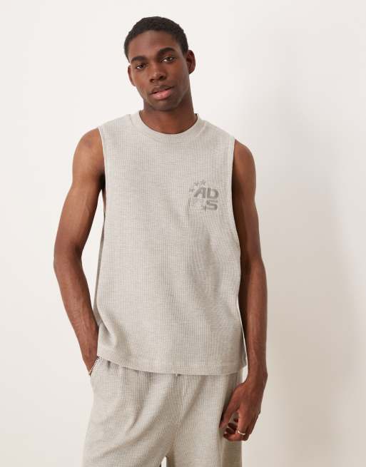 ASOS DESIGN boxy relaxed tank with chest embroidery & shorts set in beige waffle, 3 of 3