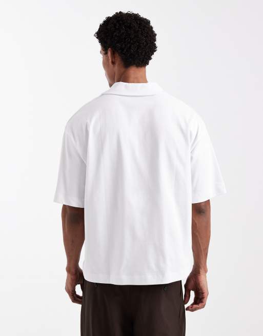 ASOS DESIGN heavyweight boxy oversized revere polo shirt in white , 3 of 5