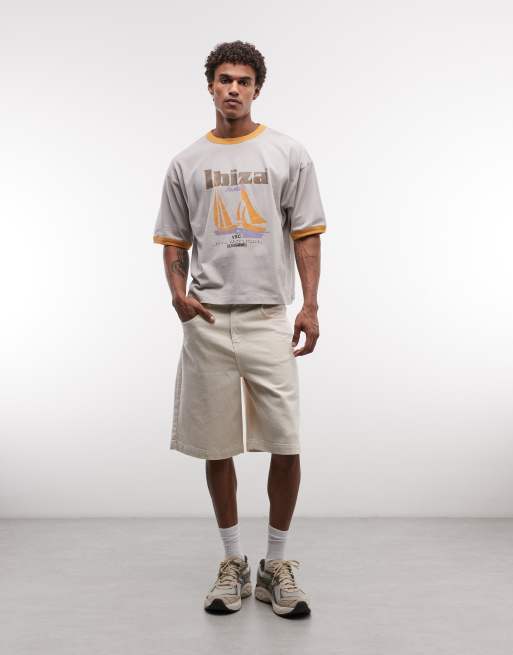 ASOS DESIGN heavyweight boxy oversized ringer T-shirt with sailboat graphic in gray wash, 2 of 5