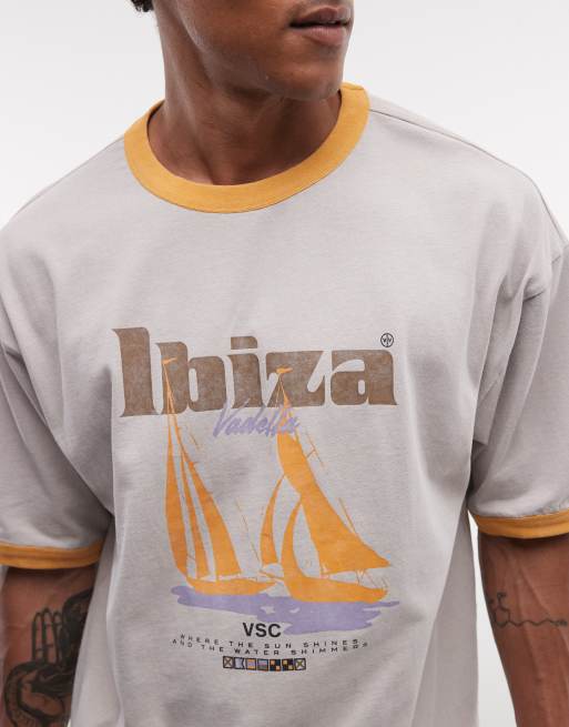 ASOS DESIGN heavyweight boxy oversized ringer T-shirt with sailboat graphic in gray wash, 3 of 5