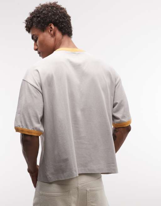 ASOS DESIGN heavyweight boxy oversized ringer T-shirt with sailboat graphic in gray wash, 5 of 5