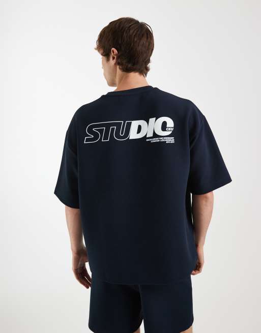 ASOS DESIGN heavyweight boxy oversized t-shirt co-ord with high build text graphic in navy, 5 of 5