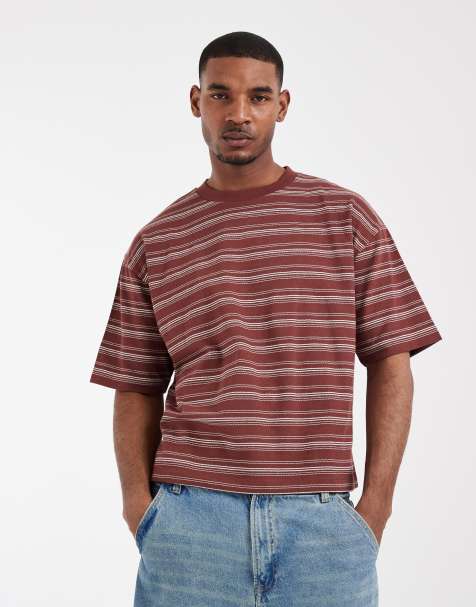 ASOS DESIGN heavyweight boxy oversized t-shirt in burgundy stripes - view 1