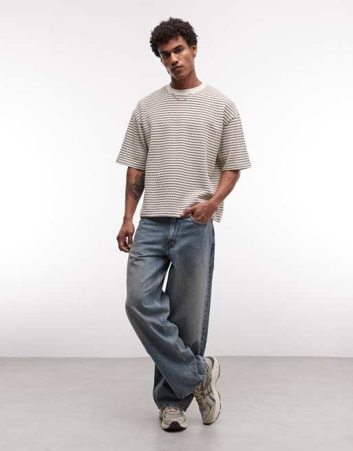 ASOS DESIGN heavyweight boxy oversized t-shirt in striped brown textured fabric, 3 of 5