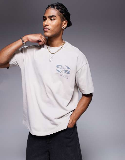 ASOS DESIGN heavyweight boxy oversized t-shirt in washed beige with sports text graphic , 2 of 4