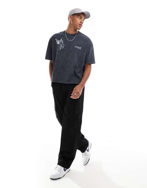 ASOS DESIGN heavyweight boxy oversized t-shirt in washed black with angel multiplacement print , 3 of 4