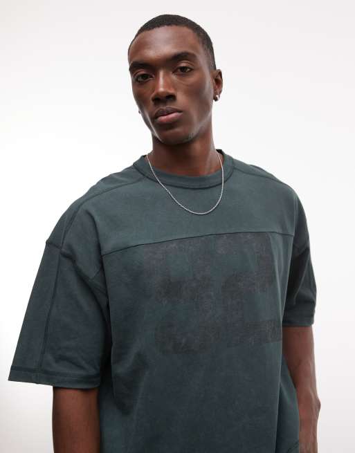 ASOS DESIGN heavyweight boxy oversized T-shirt with 92 graphic in dark green wash, 3 of 5