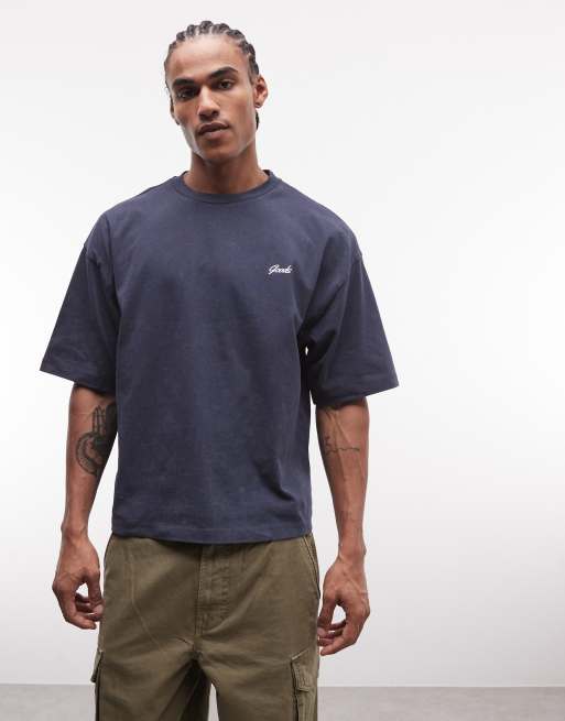 ASOS DESIGN heavyweight boxy oversized t-shirt with back graphic in navy wash, 3 of 5