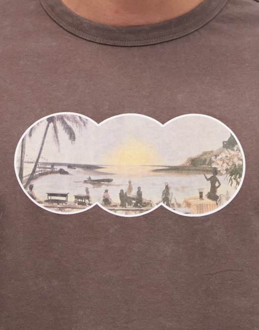 ASOS DESIGN heavyweight boxy oversized T-shirt with beach front graphic in brown wash, 3 of 5