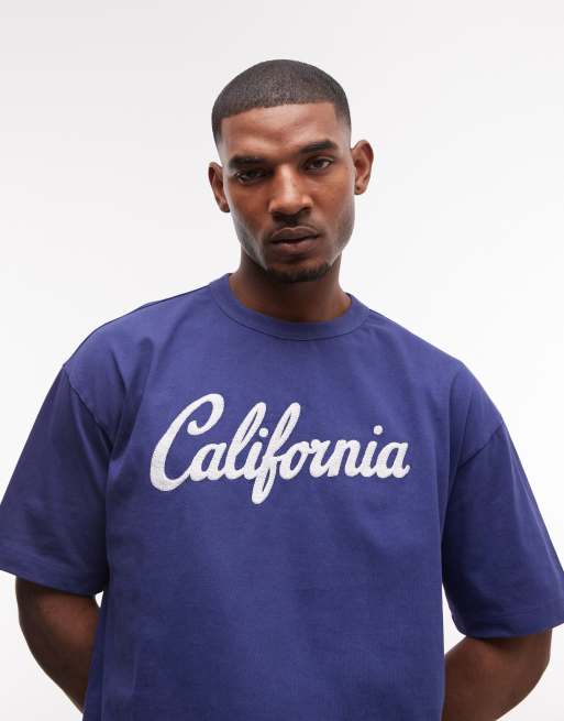 ASOS DESIGN heavyweight boxy oversized t-shirt with California embroidery in navy wash, 3 of 5
