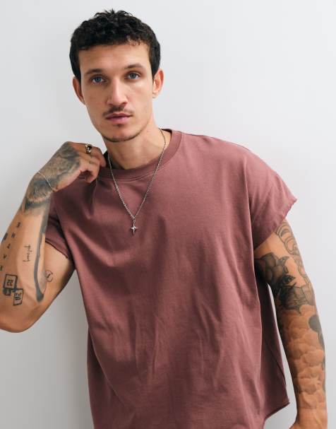 ASOS DESIGN heavyweight boxy oversized t-shirt with cap sleeve and raw hem n brown - view 1