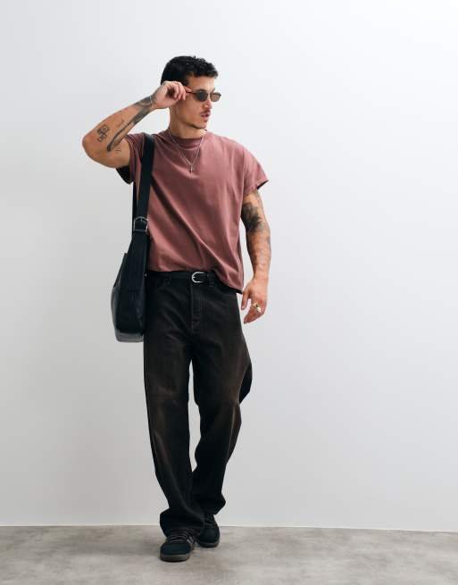 ASOS DESIGN heavyweight boxy oversized t-shirt with cap sleeve and raw hem n brown, 3 of 5