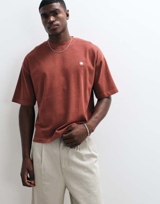 ASOS DESIGN heavyweight boxy oversized t-shirt with chest embroidery in red wash, 3 of 5