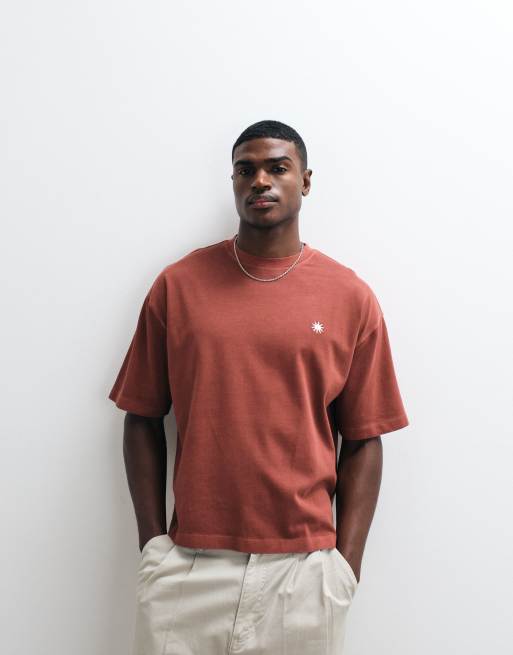 ASOS DESIGN heavyweight boxy oversized t-shirt with chest embroidery in red wash, 4 of 5