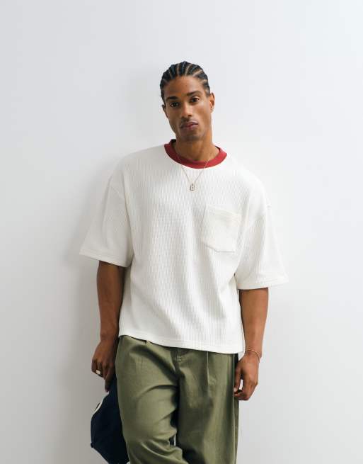 ASOS DESIGN heavyweight boxy oversized t-shirt with contrast neck and pocket in cream waffle, 2 of 5
