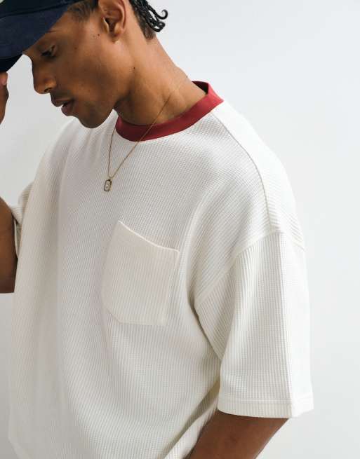 ASOS DESIGN heavyweight boxy oversized t-shirt with contrast neck and pocket in cream waffle, 4 of 5