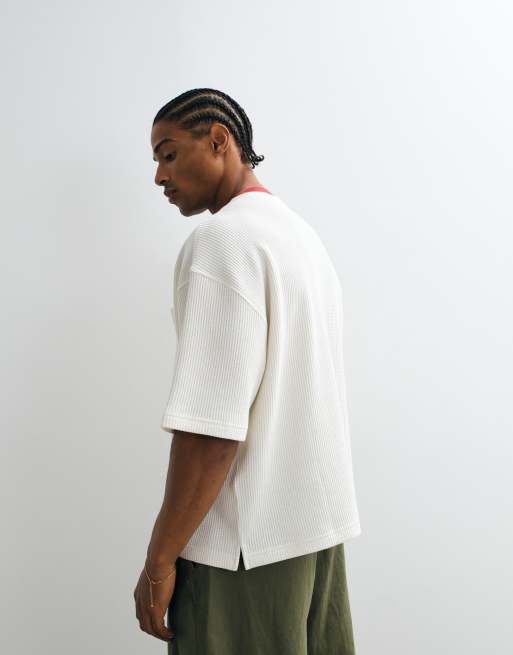 ASOS DESIGN heavyweight boxy oversized t-shirt with contrast neck and pocket in cream waffle, 5 of 5