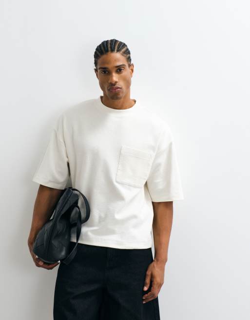 ASOS DESIGN heavyweight boxy oversized t-shirt with contrast stich in cream texture, 2 of 5
