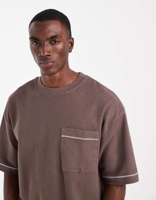 ASOS DESIGN heavyweight boxy oversized t-shirt with contrast stich in mid brown texture, 2 of 5
