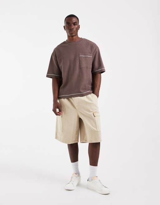 ASOS DESIGN heavyweight boxy oversized t-shirt with contrast stich in mid brown texture, 3 of 5
