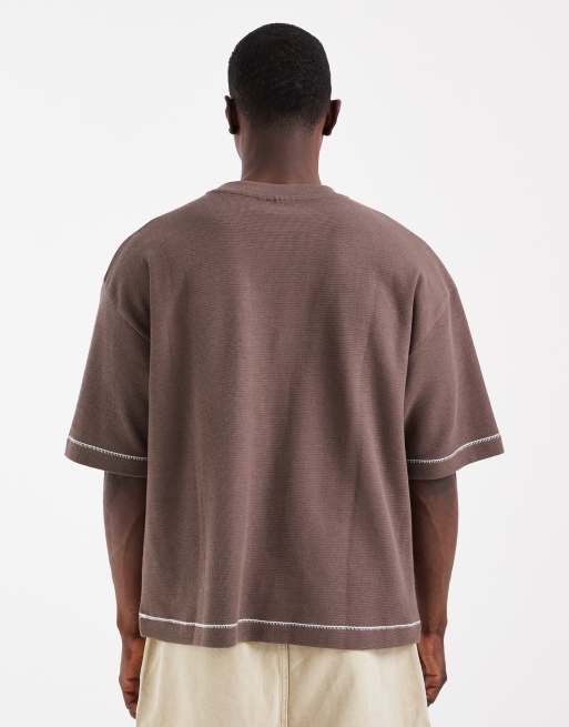 ASOS DESIGN heavyweight boxy oversized t-shirt with contrast stich in mid brown texture, 4 of 5