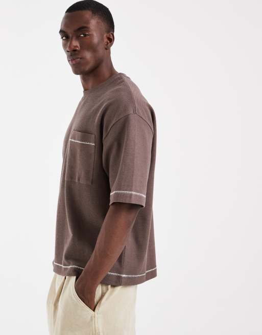 ASOS DESIGN heavyweight boxy oversized t-shirt with contrast stich in mid brown texture, 5 of 5
