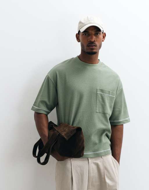 ASOS DESIGN heavyweight boxy oversized t-shirt with contrast stich in mid green texture, 2 of 5