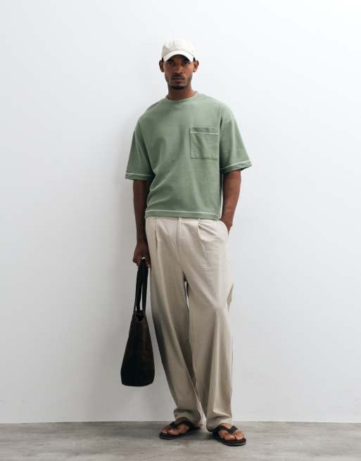 ASOS DESIGN heavyweight boxy oversized t-shirt with contrast stich in mid green texture, 3 of 5