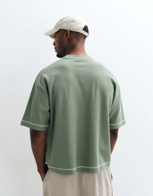 ASOS DESIGN heavyweight boxy oversized t-shirt with contrast stich in mid green texture, 4 of 5