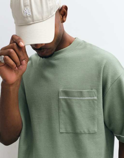 ASOS DESIGN heavyweight boxy oversized t-shirt with contrast stich in mid green texture, 5 of 5