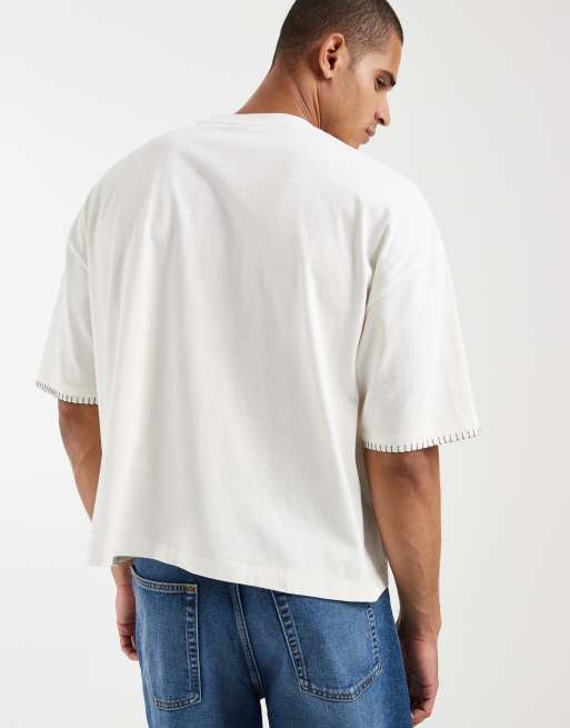 ASOS DESIGN heavyweight boxy oversized t-shirt with contrast stitch in cream, 5 of 5