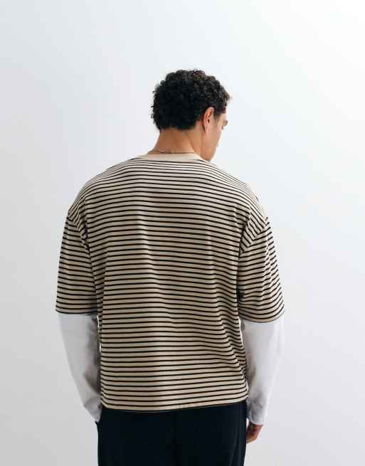 ASOS DESIGN heavyweight boxy oversized t-shirt with double sleeves in beige stripe, 2 of 5