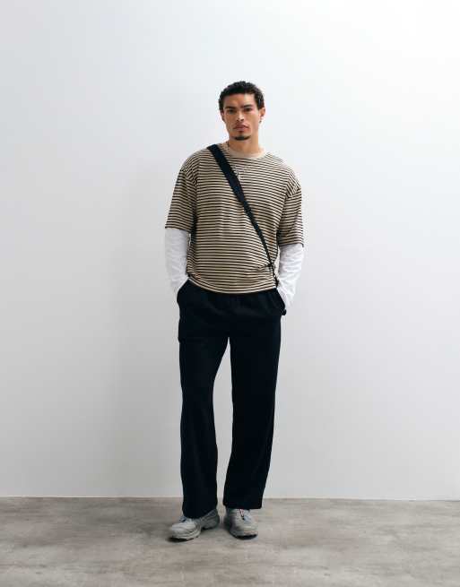 ASOS DESIGN heavyweight boxy oversized t-shirt with double sleeves in beige stripe, 3 of 5
