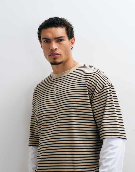 ASOS DESIGN heavyweight boxy oversized t-shirt with double sleeves in beige stripe, 4 of 5