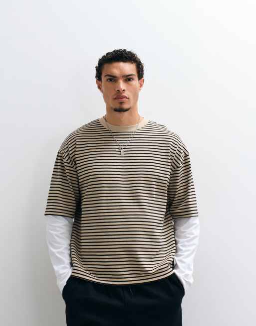 ASOS DESIGN heavyweight boxy oversized t-shirt with double sleeves in beige stripe, 5 of 5
