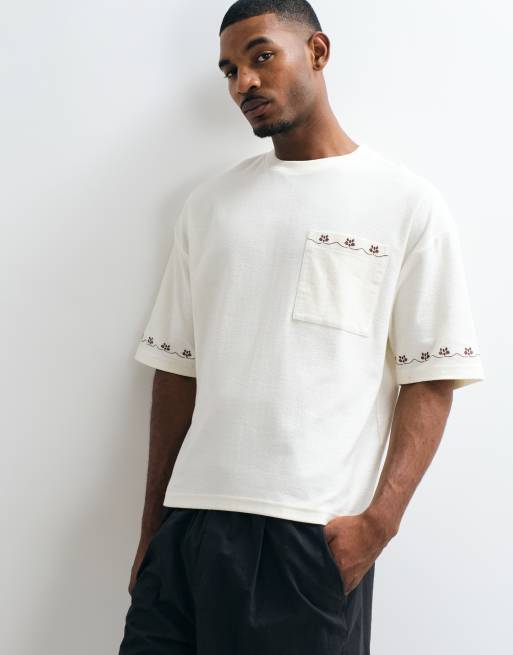 ASOS DESIGN heavyweight boxy oversized t-shirt with embroidered sleeves and pocket in off white texture, 2 of 5