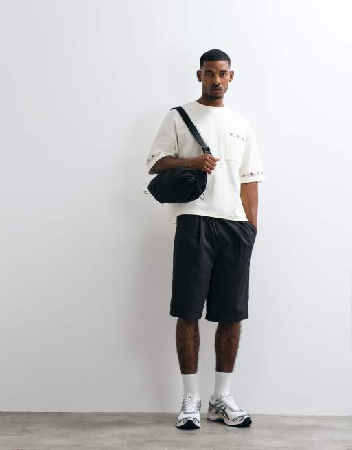 ASOS DESIGN heavyweight boxy oversized t-shirt with embroidered sleeves and pocket in off white texture, 3 of 5