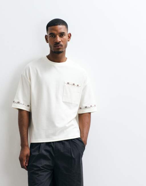 ASOS DESIGN heavyweight boxy oversized t-shirt with embroidered sleeves and pocket in off white texture, 4 of 5