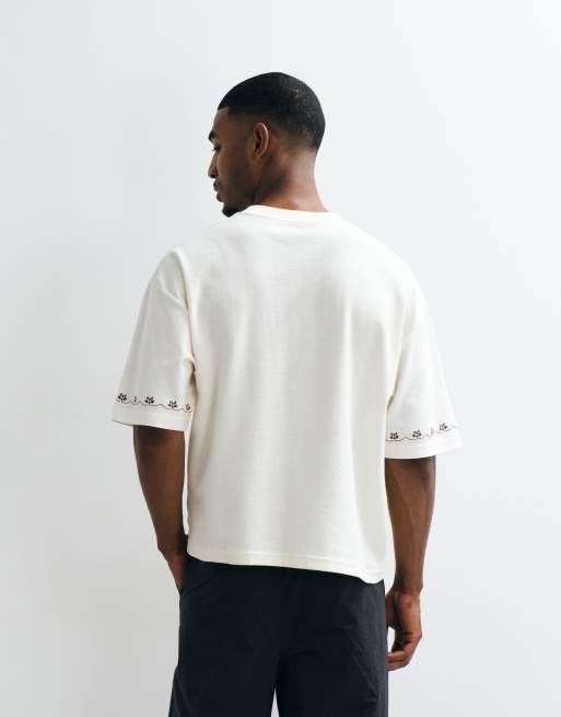 ASOS DESIGN heavyweight boxy oversized t-shirt with embroidered sleeves and pocket in off white texture, 5 of 5