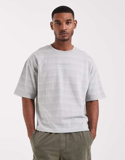 ASOS DESIGN heavyweight boxy oversized t-shirt with embroidery in green stripe - view 1