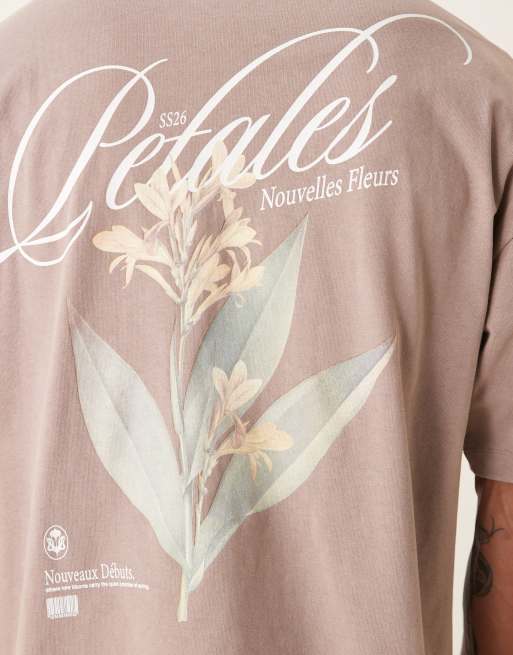ASOS DESIGN heavyweight boxy oversized t-shirt with floral graphic in washed brown, 5 of 5