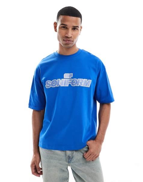ASOS DESIGN heavyweight boxy oversized t-shirt with front graphic in blue - view 1
